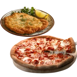 Large Pizza and Chicken schnitzel