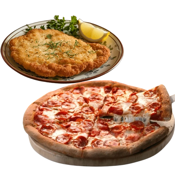 Large Pizza and Chicken schnitzel