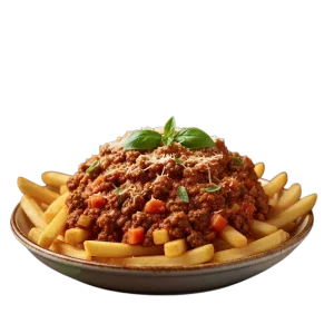 Fries loaded with bolognese