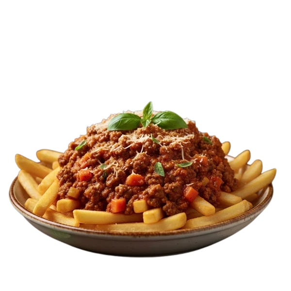 Fries loaded with bolognese